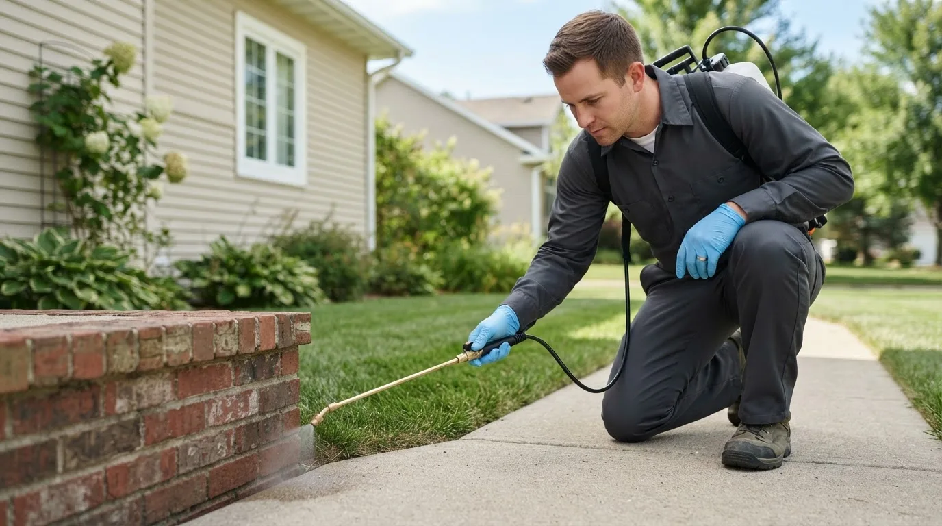 Pest control technician treating a home near Saint Louis, OK